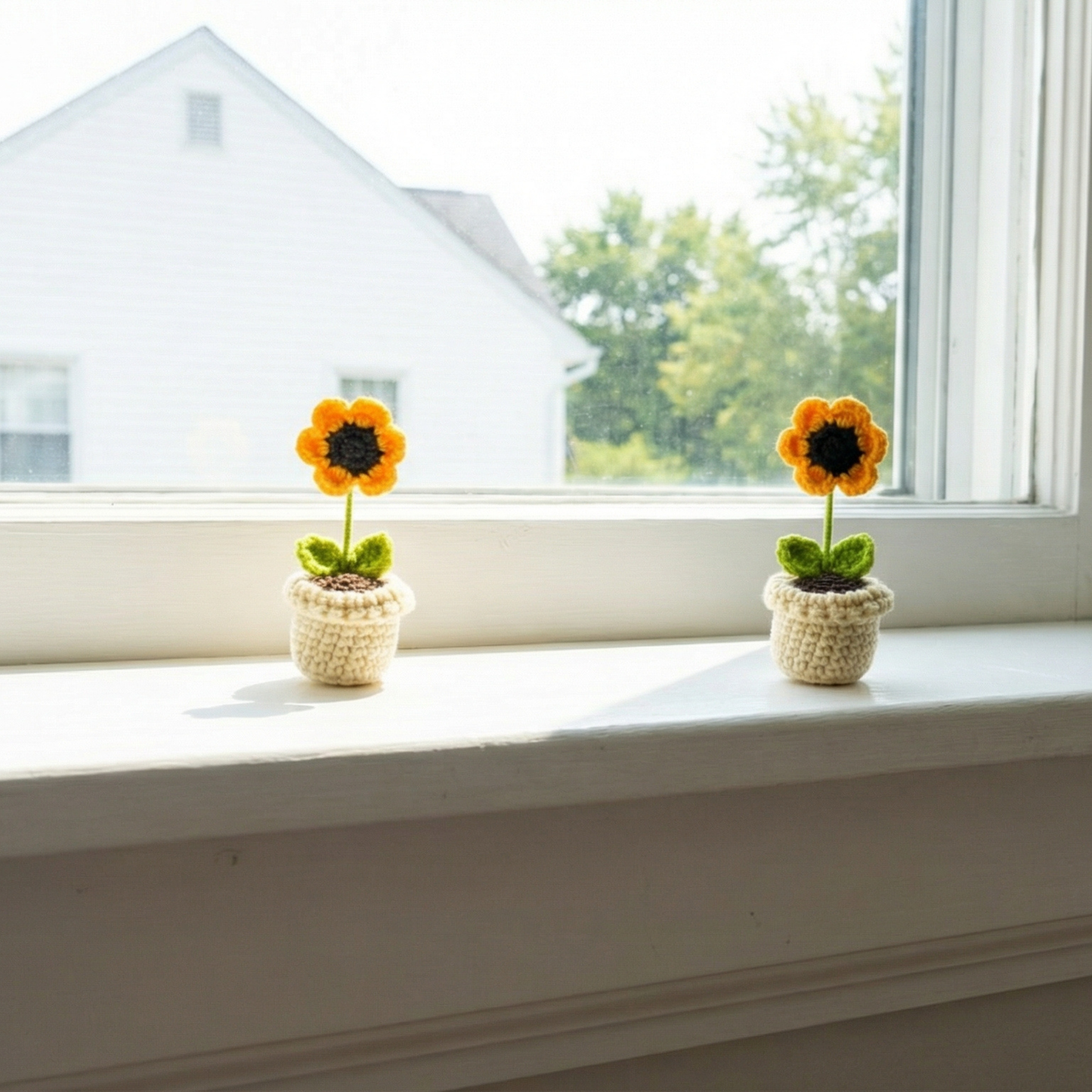 Dekorly Handmade Crochet Sunflower Plant with Pot – Pack of 2, Yarn Flower Home & Desk Decor Gift Set