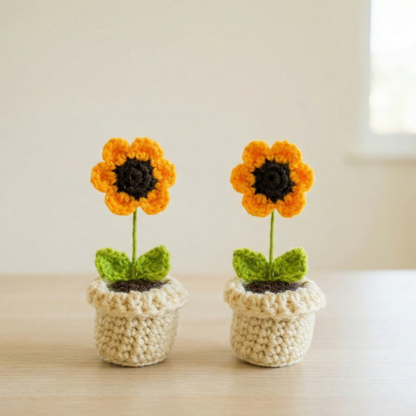 Dekorly Handmade Crochet Sunflower Plant with Pot – Pack of 2, Yarn Flower Home & Desk Decor Gift Set