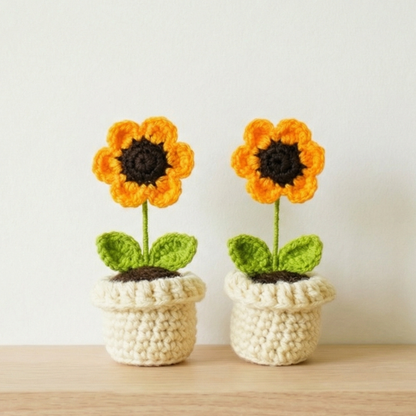 Dekorly Handmade Crochet Sunflower Plant with Pot – Pack of 2, Yarn Flower Home & Desk Decor Gift Set