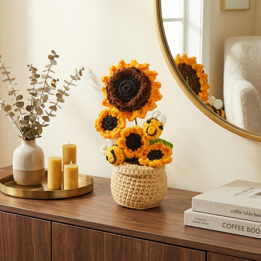 Dekorly Handmade Crochet Sunflower Plant with Pot – Cute Bee Design, Yarn Flower Home & Desk Decor Gift