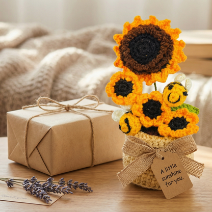 Dekorly Handmade Crochet Sunflower Plant with Pot – Cute Bee Design, Yarn Flower Home & Desk Decor Gift