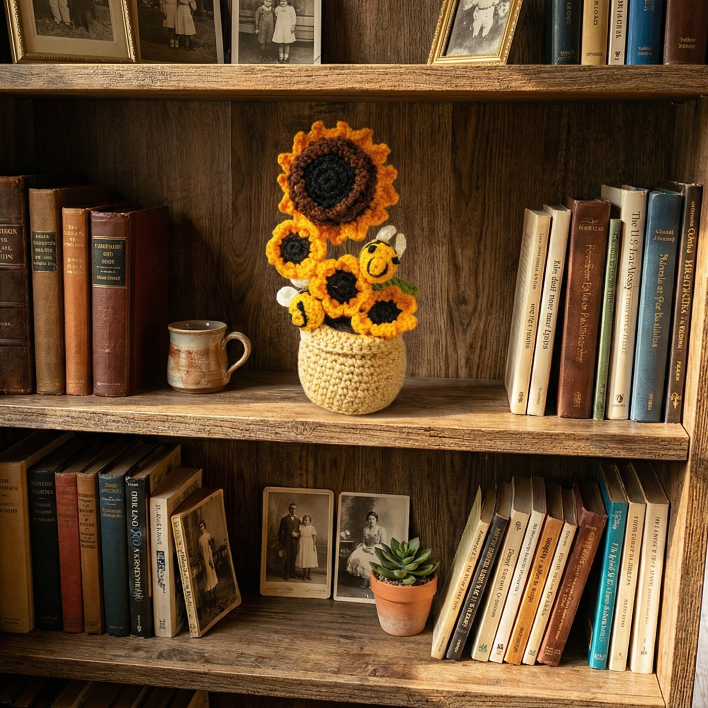 Dekorly Handmade Crochet Sunflower Plant with Pot – Cute Bee Design, Yarn Flower Home & Desk Decor Gift