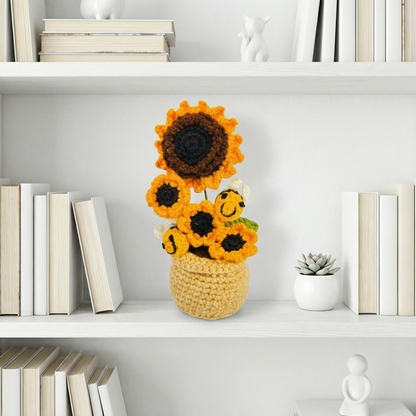 Dekorly Handmade Crochet Sunflower Plant with Pot – Cute Bee Design, Yarn Flower Home & Desk Decor Gift
