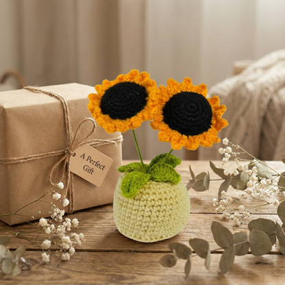Dekorly Handmade Crochet Sunflower Plant with Pot – Double Bloom Yarn Flower Home & Desk Decor Gift