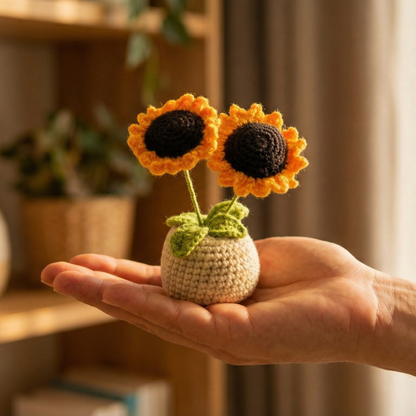 Dekorly Handmade Crochet Sunflower Plant with Pot – Double Bloom Yarn Flower Home & Desk Decor Gift