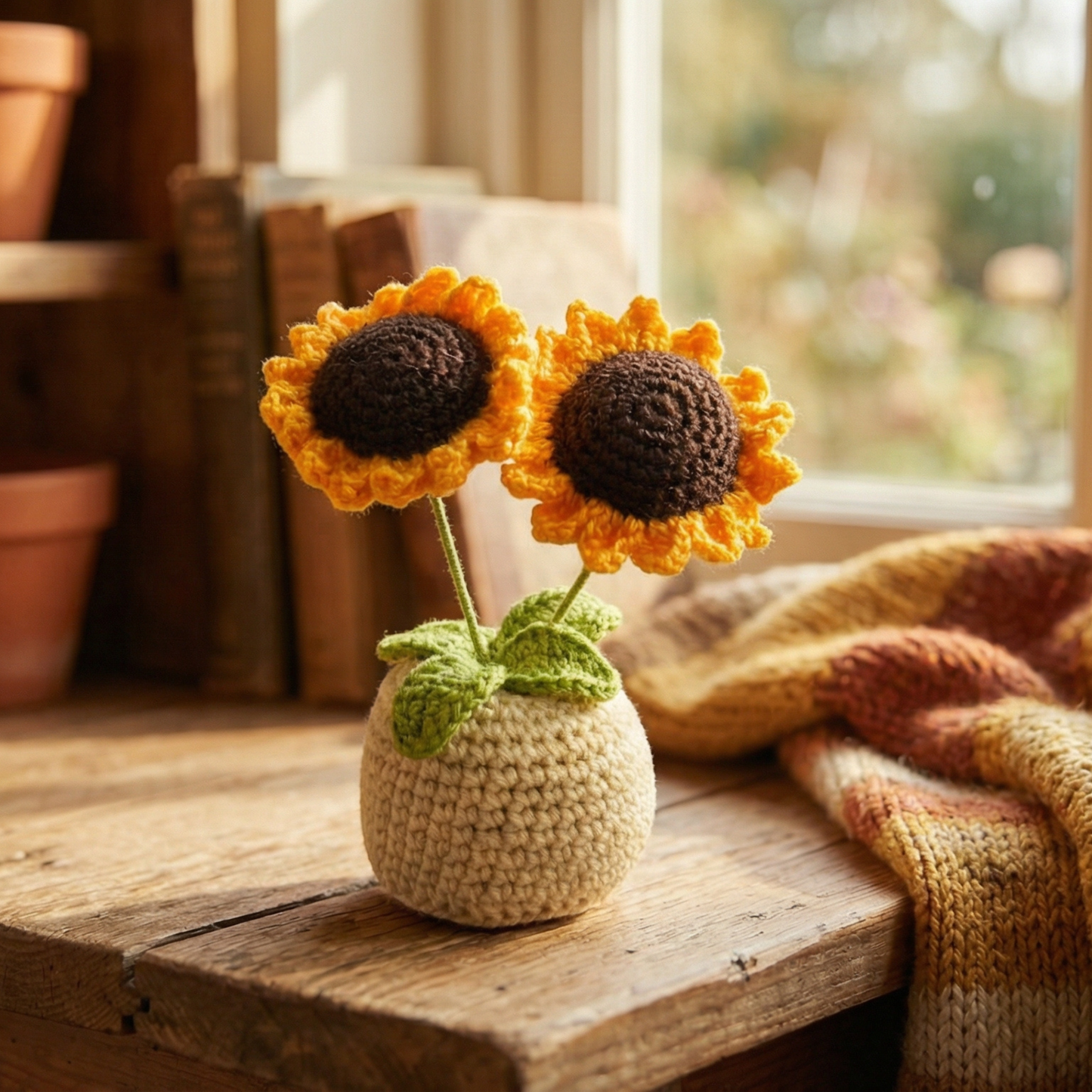 Dekorly Handmade Crochet Sunflower Plant with Pot – Double Bloom Yarn Flower Home & Desk Decor Gift