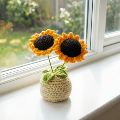 Dekorly Handmade Crochet Sunflower Plant with Pot – Double Bloom Yarn Flower Home & Desk Decor Gift