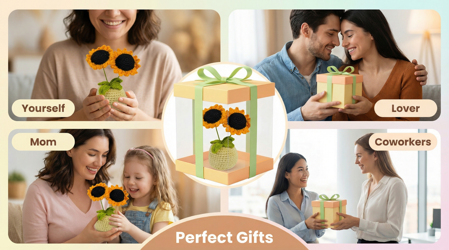 Dekorly Handmade Crochet Sunflower Plant with Pot – Double Bloom Yarn Flower Home & Desk Decor Gift