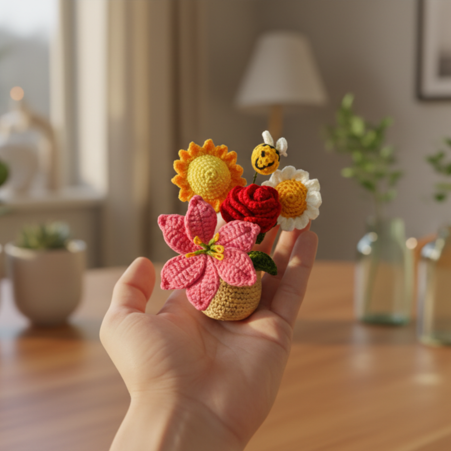 Dekorly Handmade Crochet Flower Bouquet with Pot – Mixed Yarn Flowers & Cute Bee, Home & Desk Decor Gift