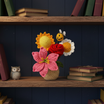 Dekorly Handmade Crochet Flower Bouquet with Pot – Mixed Yarn Flowers & Cute Bee, Home & Desk Decor Gift