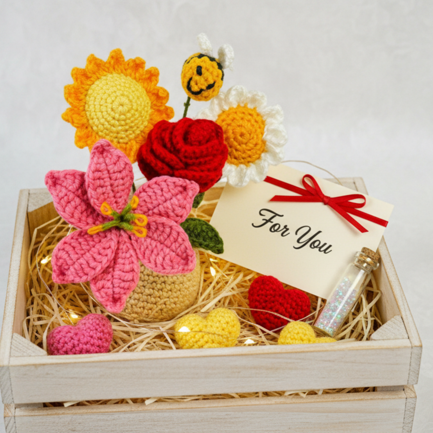 Dekorly Handmade Crochet Flower Bouquet with Pot – Mixed Yarn Flowers & Cute Bee, Home & Desk Decor Gift