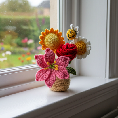 Dekorly Handmade Crochet Flower Bouquet with Pot – Mixed Yarn Flowers & Cute Bee, Home & Desk Decor Gift