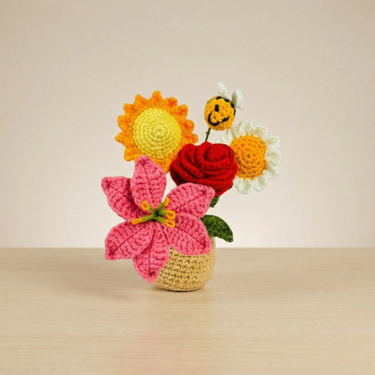 Dekorly Handmade Crochet Flower Bouquet with Pot – Mixed Yarn Flowers & Cute Bee, Home & Desk Decor Gift