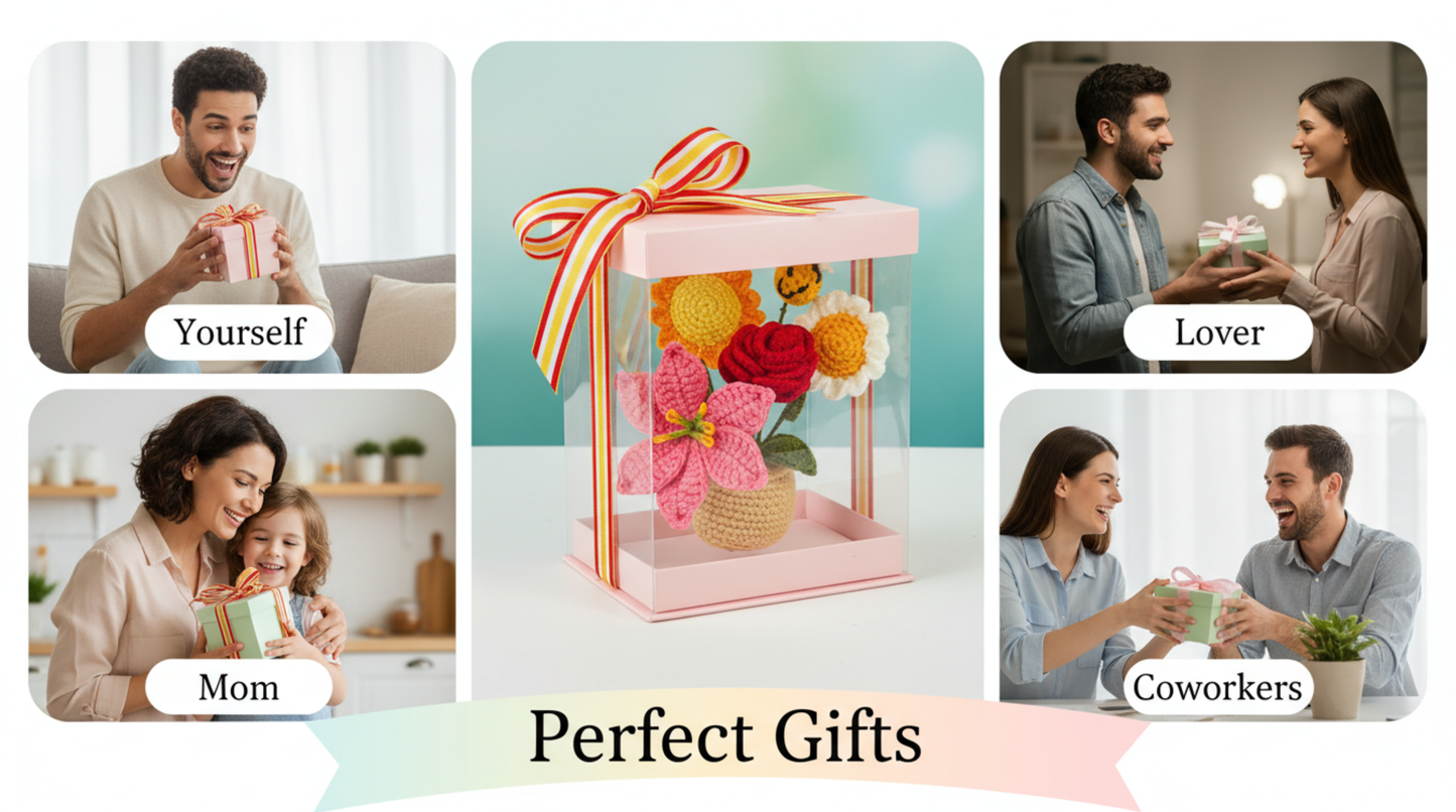 Dekorly Handmade Crochet Flower Bouquet with Pot – Mixed Yarn Flowers & Cute Bee, Home & Desk Decor Gift