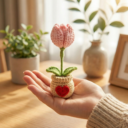 Dekorly Two in One Tulip to Red Heart Convertible Crochet Flower with Pot 6.5 Inch Handmade Knitted Transforming Flower Plant Cute Table Top Home Office Desk Decor Romantic Valentine Gift