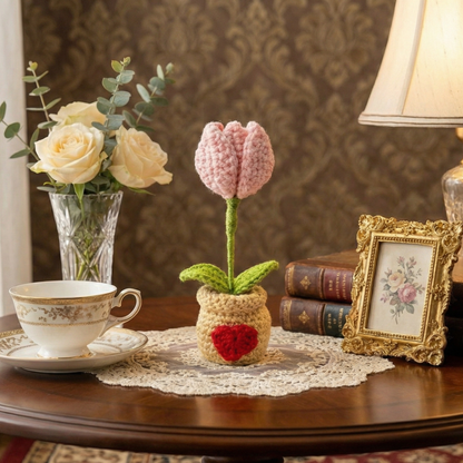 Dekorly Two in One Tulip to Red Heart Convertible Crochet Flower with Pot 6.5 Inch Handmade Knitted Transforming Flower Plant Cute Table Top Home Office Desk Decor Romantic Valentine Gift