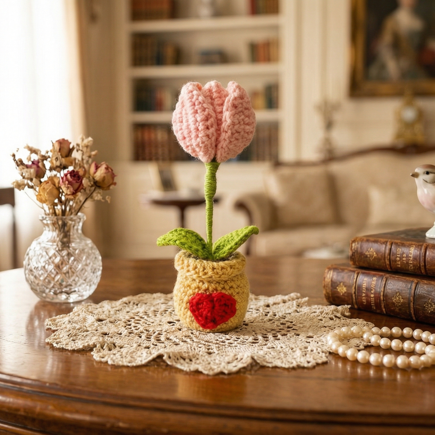 Dekorly Two in One Tulip to Red Heart Convertible Crochet Flower with Pot 6.5 Inch Handmade Knitted Transforming Flower Plant Cute Table Top Home Office Desk Decor Romantic Valentine Gift