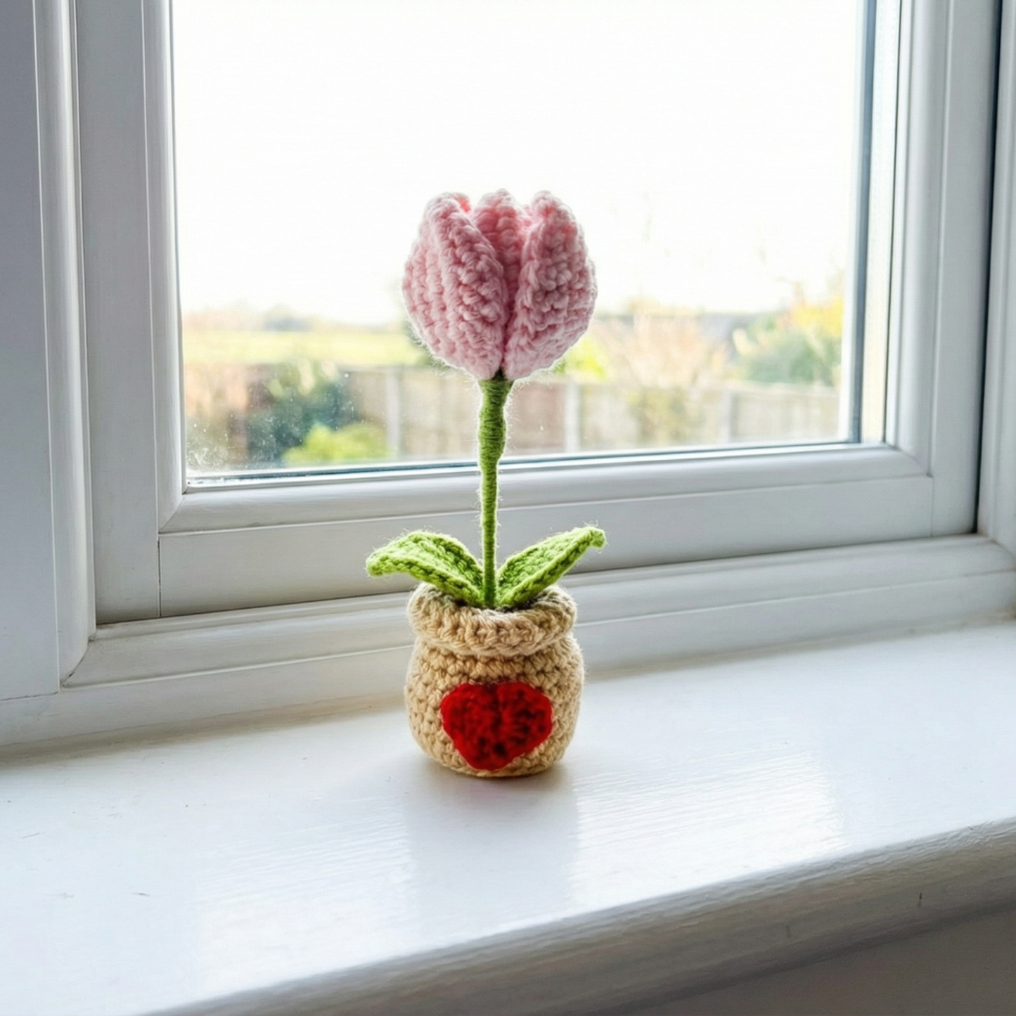 Dekorly Two in One Tulip to Red Heart Convertible Crochet Flower with Pot 6.5 Inch Handmade Knitted Transforming Flower Plant Cute Table Top Home Office Desk Decor Romantic Valentine Gift