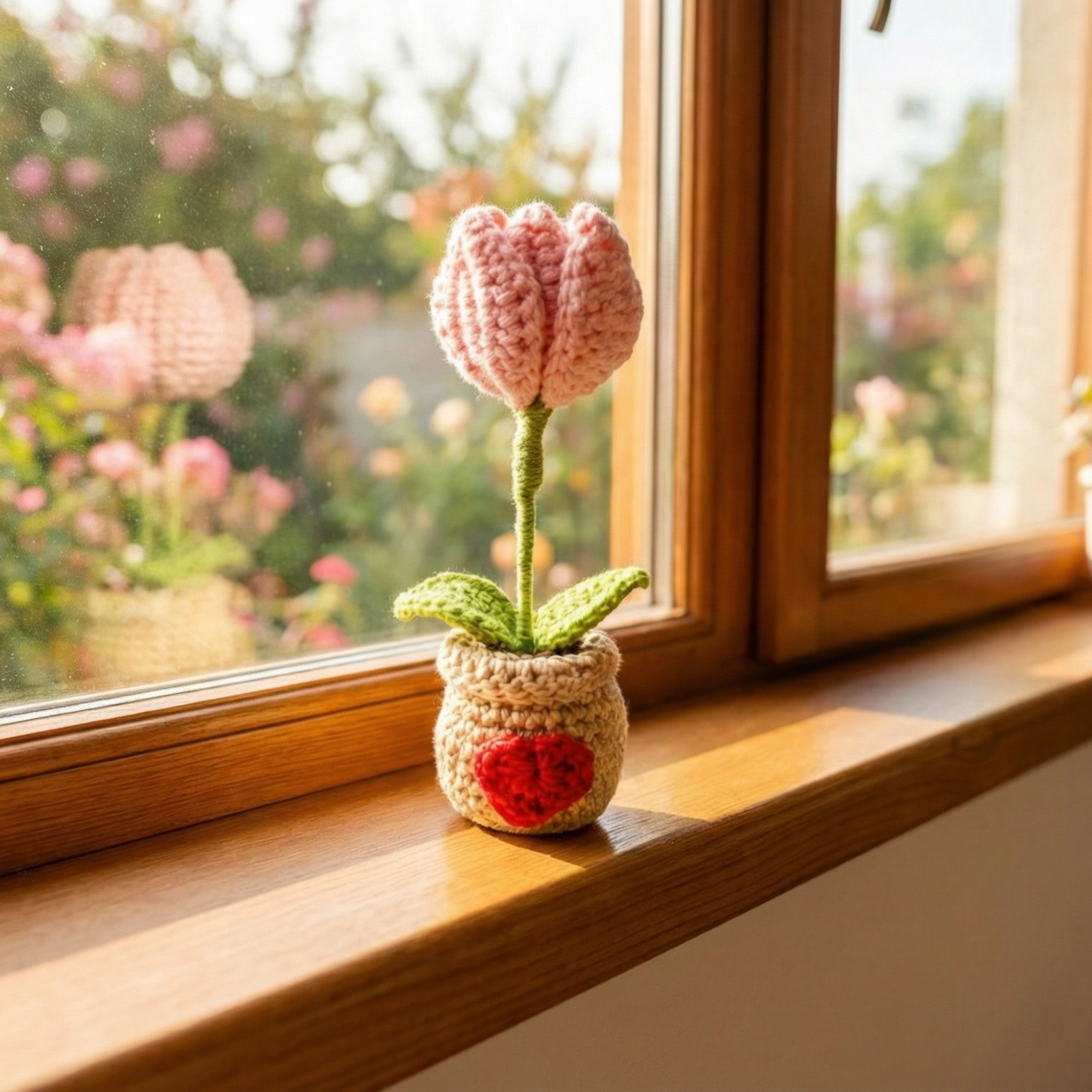 Dekorly Two in One Tulip to Red Heart Convertible Crochet Flower with Pot 6.5 Inch Handmade Knitted Transforming Flower Plant Cute Table Top Home Office Desk Decor Romantic Valentine Gift