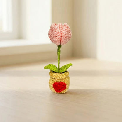 Dekorly Two in One Tulip to Red Heart Convertible Crochet Flower with Pot 6.5 Inch Handmade Knitted Transforming Flower Plant Cute Table Top Home Office Desk Decor Romantic Valentine Gift