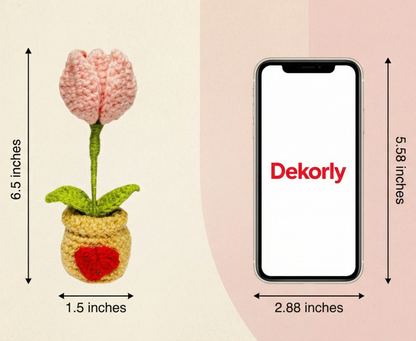 Dekorly Two in One Tulip to Red Heart Convertible Crochet Flower with Pot 6.5 Inch Handmade Knitted Transforming Flower Plant Cute Table Top Home Office Desk Decor Romantic Valentine Gift