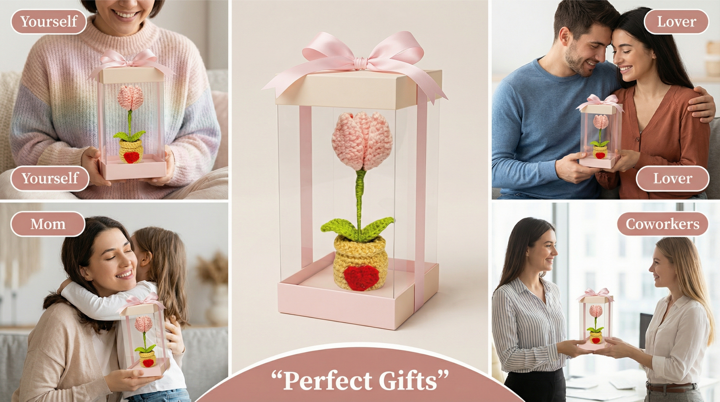 Dekorly Two in One Tulip to Red Heart Convertible Crochet Flower with Pot 6.5 Inch Handmade Knitted Transforming Flower Plant Cute Table Top Home Office Desk Decor Romantic Valentine Gift