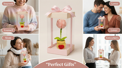 Dekorly Two in One Tulip to Red Heart Convertible Crochet Flower with Pot 6.5 Inch Handmade Knitted Transforming Flower Plant Cute Table Top Home Office Desk Decor Romantic Valentine Gift