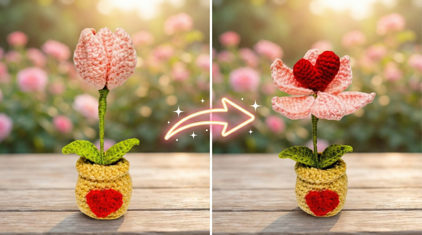 Dekorly Two in One Tulip to Red Heart Convertible Crochet Flower with Pot 6.5 Inch Handmade Knitted Transforming Flower Plant Cute Table Top Home Office Desk Decor Romantic Valentine Gift