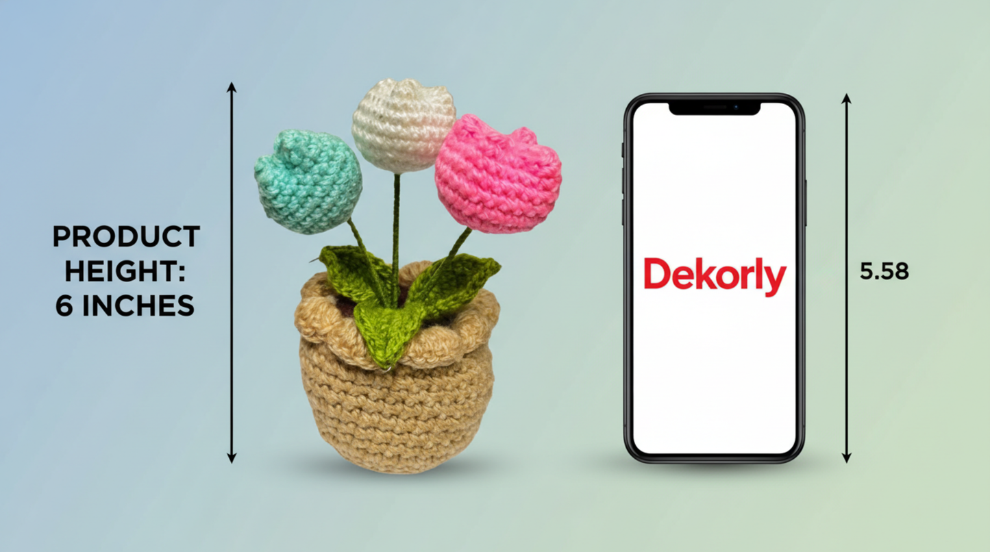 Dekorly Artificial Tulip 3 Head Multicolor Crochet Flower Plant with Pot 6.5 Inch Height Handmade Knitted Tulip Bouquet Table Top Home Office Desk Decor Cute Gift