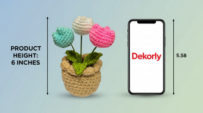 Dekorly Artificial Tulip 3 Head Multicolor Crochet Flower Plant with Pot 6.5 Inch Height Handmade Knitted Tulip Bouquet Table Top Home Office Desk Decor Cute Gift