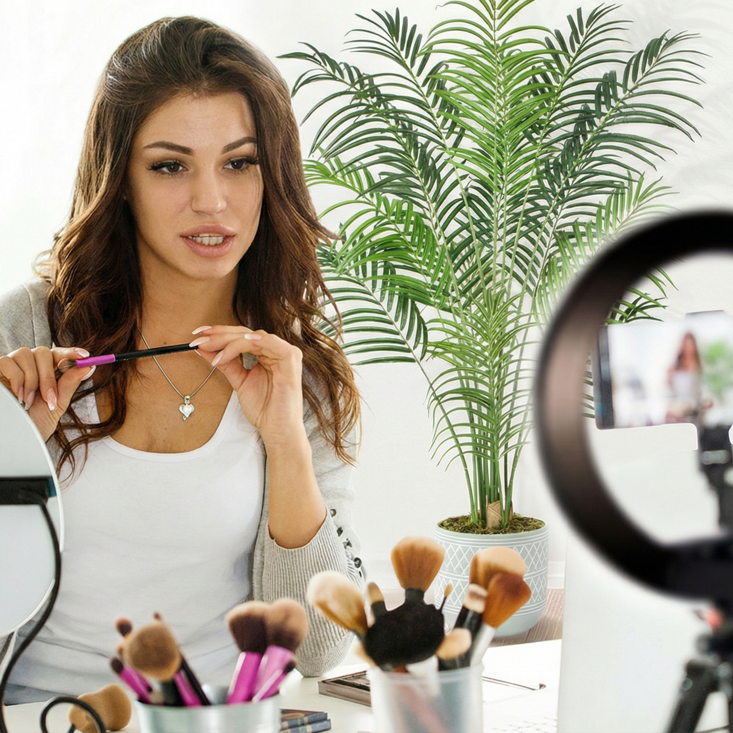 Dekorly Artificial Palm Tree 5.5ft Tall Fake Palm Tree Indoor Decor with 15 Trunks and Real Bark Design Faux Tropical Areca Palm Silk Floor Plant in Pot for Home Office Living Room Bedroom Decor 1pcs