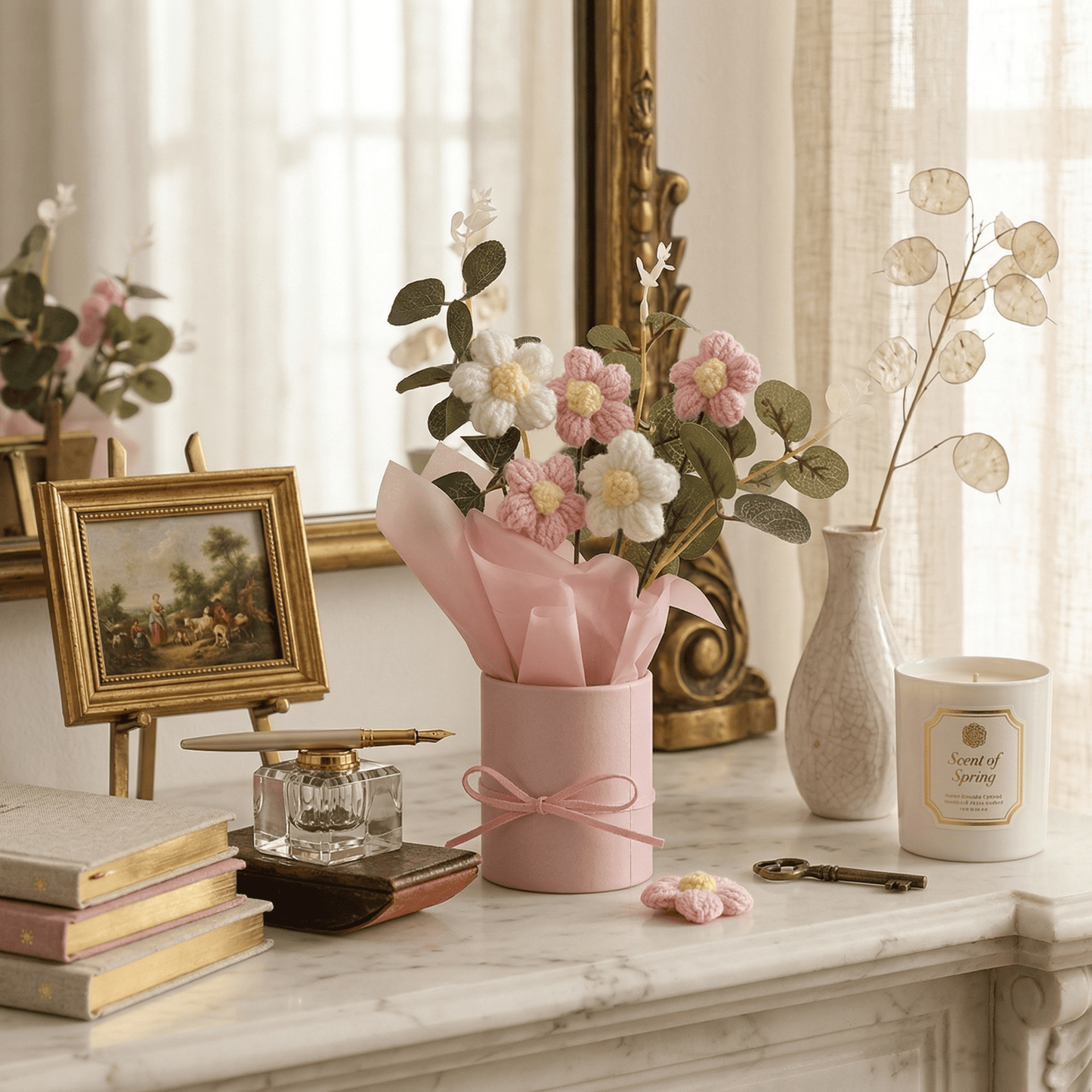 Dekorly Crochet Pink Daisy Bouquet 9 Inch | Handmade Knitted Flower Arrangement with Pot | Cute Artificial Floral Gift for Home Decor Birthday Anniversary Valentine Gift