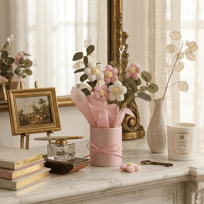 Dekorly Crochet Pink Daisy Bouquet 9 Inch | Handmade Knitted Flower Arrangement with Pot | Cute Artificial Floral Gift for Home Decor Birthday Anniversary Valentine Gift