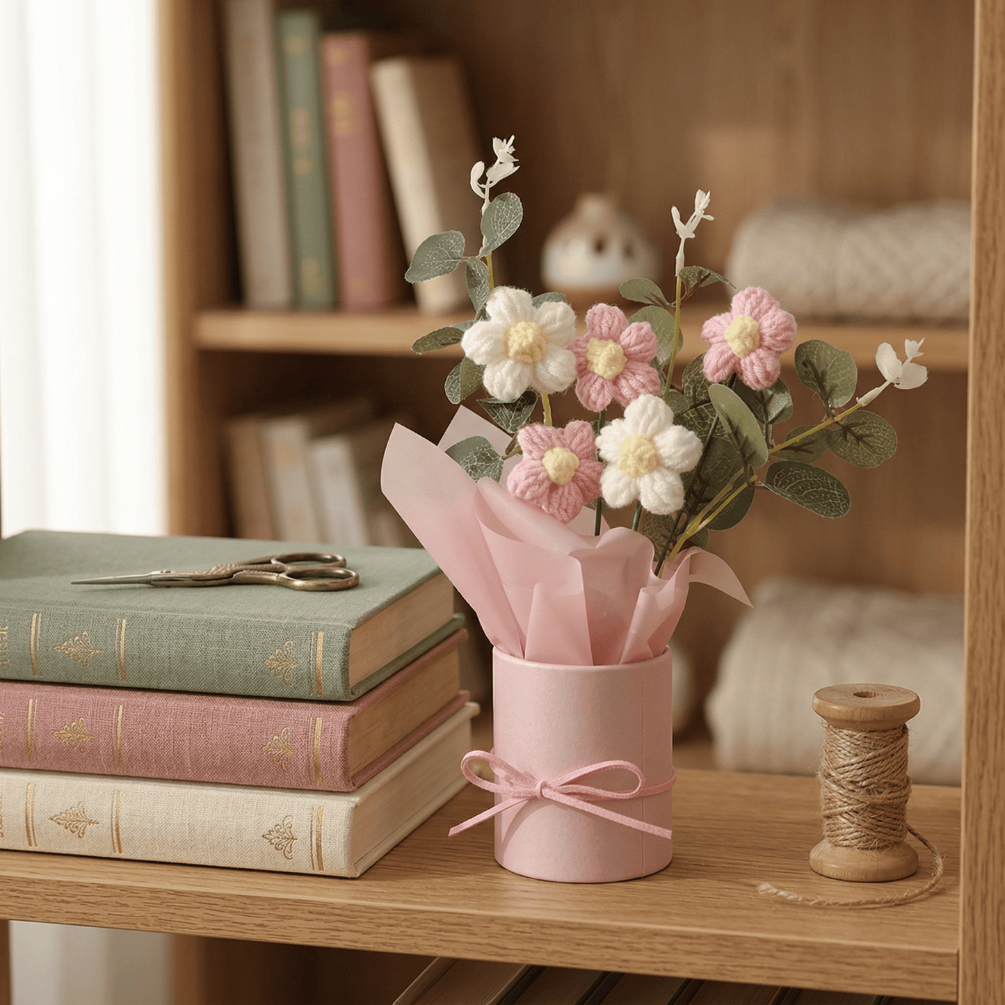 Dekorly Crochet Pink Daisy Bouquet 9 Inch | Handmade Knitted Flower Arrangement with Pot | Cute Artificial Floral Gift for Home Decor Birthday Anniversary Valentine Gift