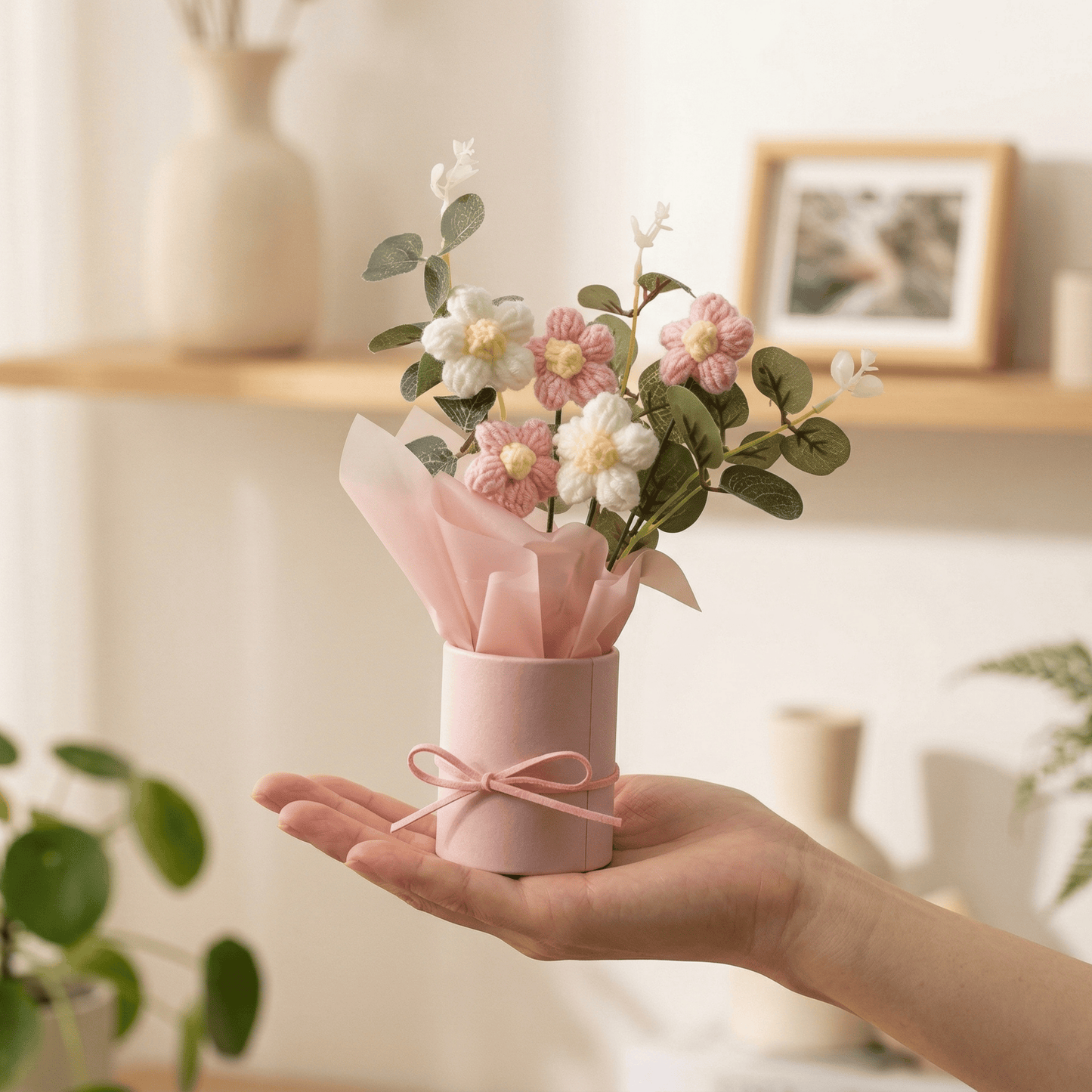 Dekorly Crochet Pink Daisy Bouquet 9 Inch | Handmade Knitted Flower Arrangement with Pot | Cute Artificial Floral Gift for Home Decor Birthday Anniversary Valentine Gift