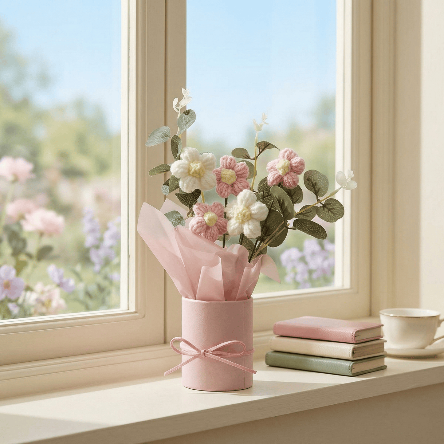 Dekorly Crochet Pink Daisy Bouquet 9 Inch | Handmade Knitted Flower Arrangement with Pot | Cute Artificial Floral Gift for Home Decor Birthday Anniversary Valentine Gift