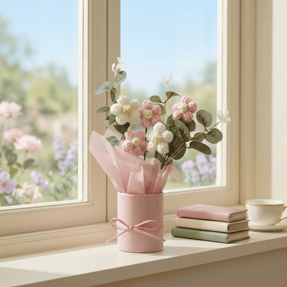 Dekorly Crochet Pink Daisy Bouquet 9 Inch | Handmade Knitted Flower Arrangement with Pot | Cute Artificial Floral Gift for Home Decor Birthday Anniversary Valentine Gift