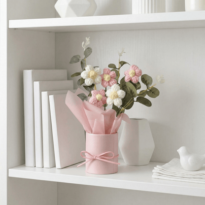 Dekorly Crochet Pink Daisy Bouquet 9 Inch | Handmade Knitted Flower Arrangement with Pot | Cute Artificial Floral Gift for Home Decor Birthday Anniversary Valentine Gift