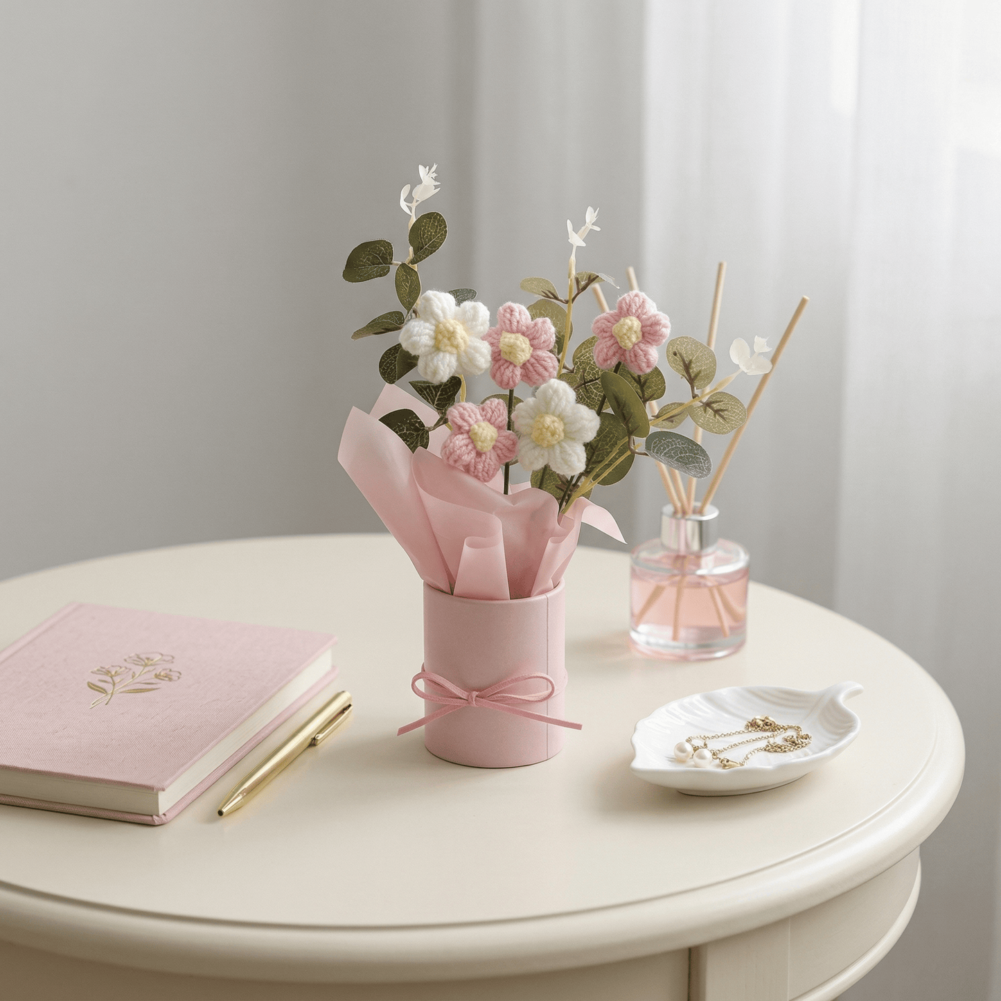 Dekorly Crochet Pink Daisy Bouquet 9 Inch | Handmade Knitted Flower Arrangement with Pot | Cute Artificial Floral Gift for Home Decor Birthday Anniversary Valentine Gift