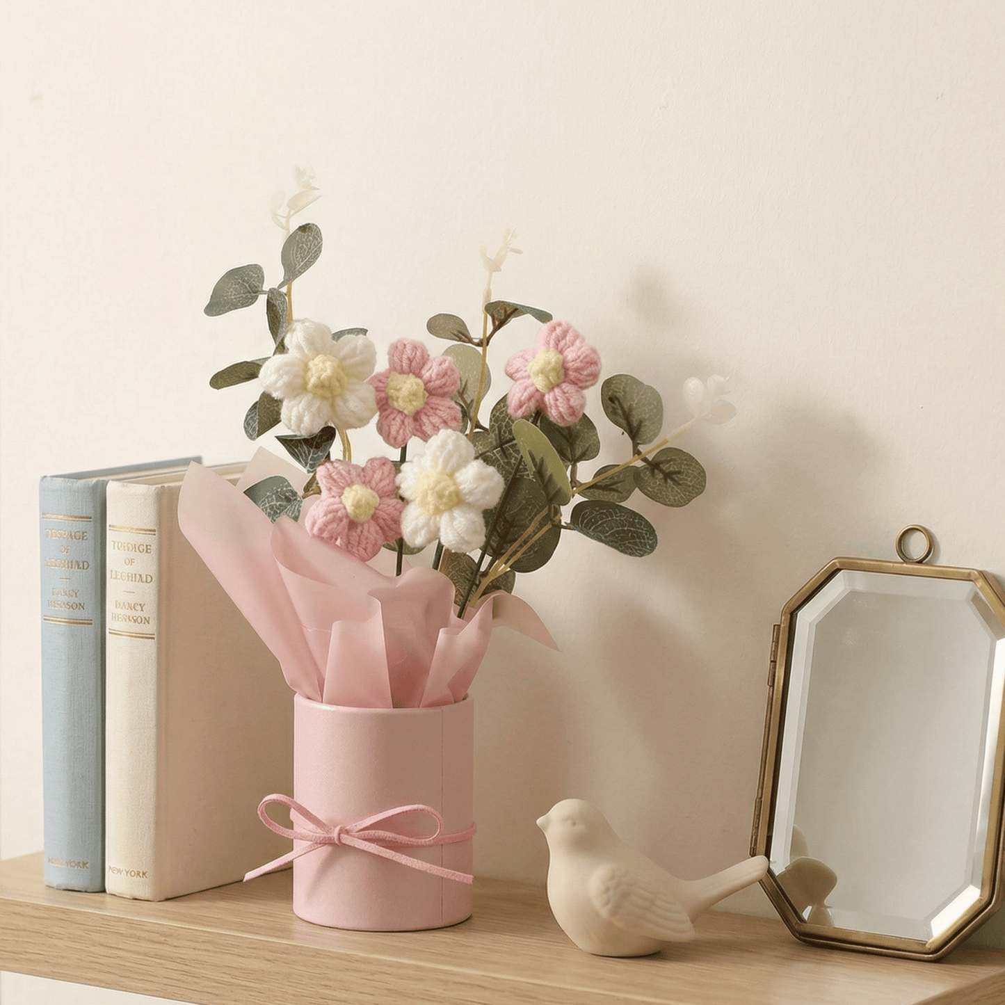 Dekorly Crochet Pink Daisy Bouquet 9 Inch | Handmade Knitted Flower Arrangement with Pot | Cute Artificial Floral Gift for Home Decor Birthday Anniversary Valentine Gift