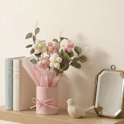 Dekorly Crochet Pink Daisy Bouquet 9 Inch | Handmade Knitted Flower Arrangement with Pot | Cute Artificial Floral Gift for Home Decor Birthday Anniversary Valentine Gift