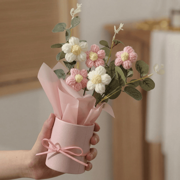 Dekorly Crochet Pink Daisy Bouquet 9 Inch | Handmade Knitted Flower Arrangement with Pot | Cute Artificial Floral Gift for Home Decor Birthday Anniversary Valentine Gift