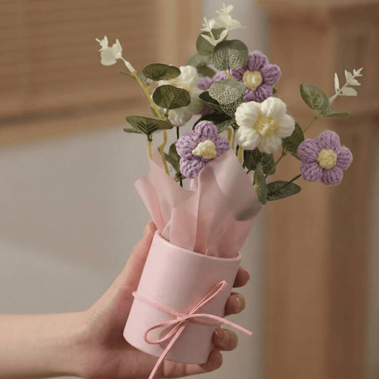 Dekorly Crochet Purple Daisy Bouquet 9 Inch with Pot | Handmade Knitted Flower Arrangement | Aesthetic Artificial Floral Gift for Home Decor Birthday Anniversary Valentine Gift