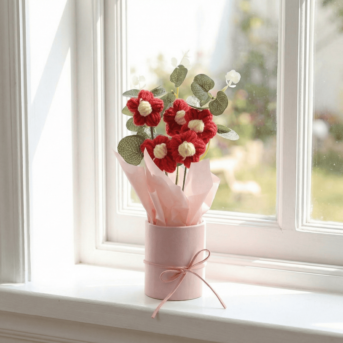 Dekorly Crochet Red Daisy Bouquet 9 Inch with Pot | Handmade Knitted Flower Arrangement | Romantic Artificial Floral Gift for Home Decor Valentine Birthday Anniversary Gift