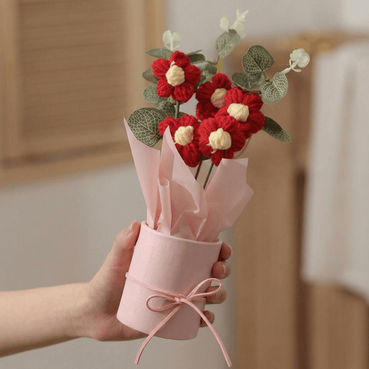 Dekorly Crochet Red Daisy Bouquet 9 Inch with Pot | Handmade Knitted Flower Arrangement | Romantic Artificial Floral Gift for Home Decor Valentine Birthday Anniversary Gift