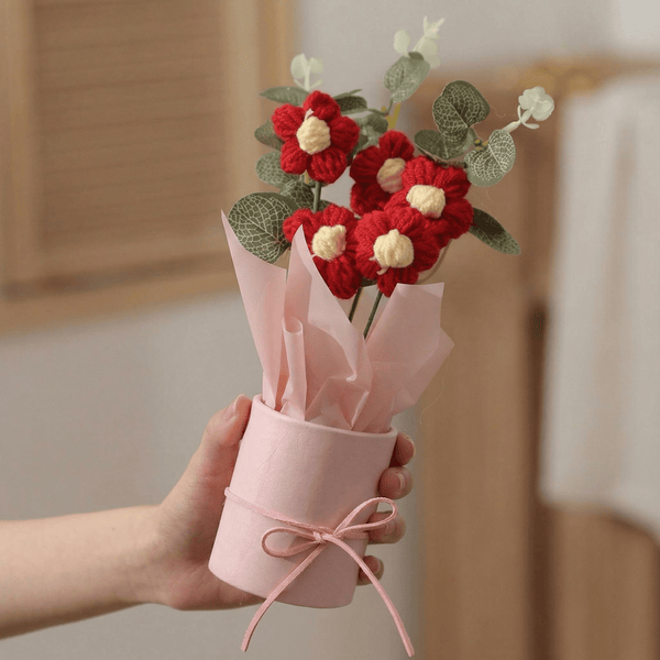 Dekorly Crochet Red Daisy Bouquet 9 Inch with Pot | Handmade Knitted Flower Arrangement | Romantic Artificial Floral Gift for Home Decor Valentine Birthday Anniversary Gift