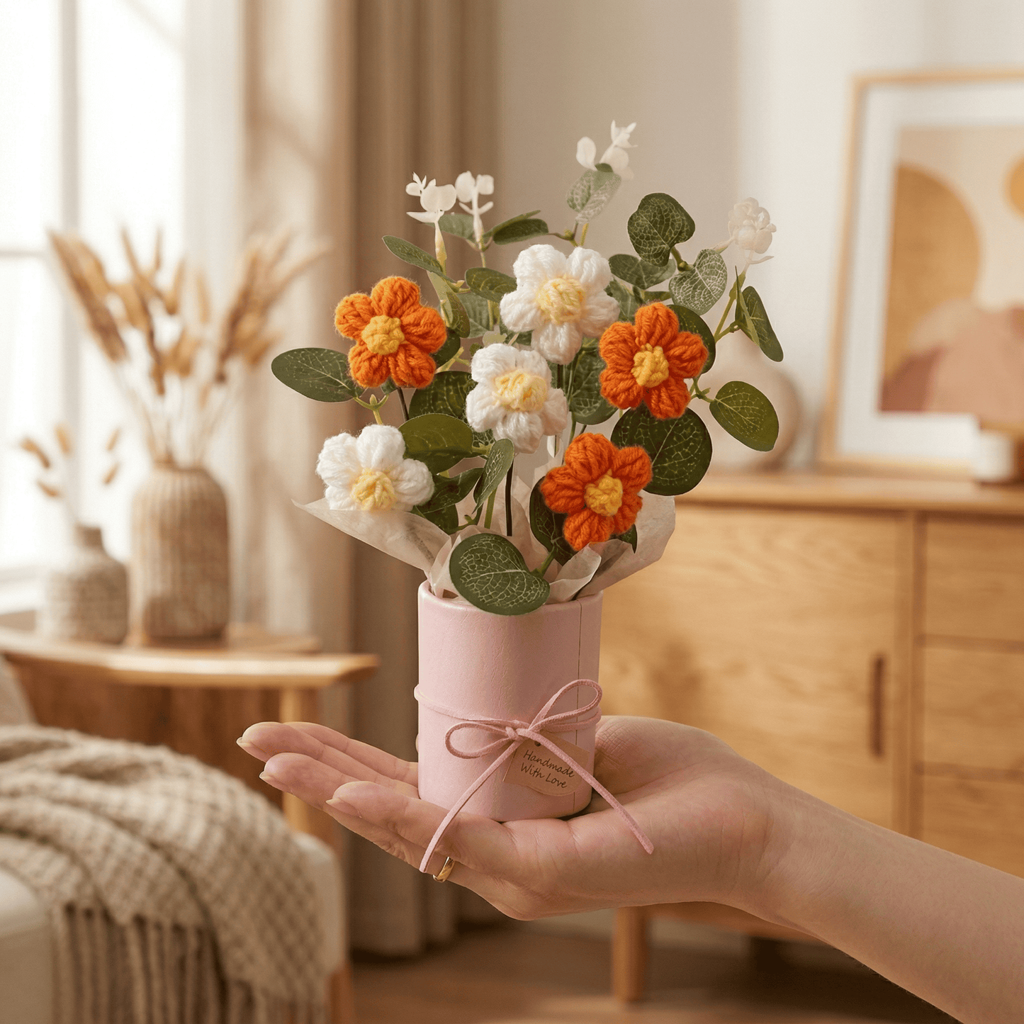 Dekorly Crochet Orange Daisy Bouquet 9 Inch with Pot | Handmade Knitted Flower Arrangement | Vibrant Artificial Floral Gift for Home Decor Birthday Anniversary Gift