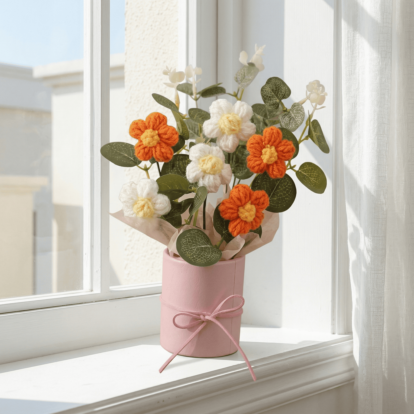 Dekorly Crochet Orange Daisy Bouquet 9 Inch with Pot | Handmade Knitted Flower Arrangement | Vibrant Artificial Floral Gift for Home Decor Birthday Anniversary Gift