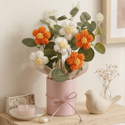 Dekorly Crochet Orange Daisy Bouquet 9 Inch with Pot | Handmade Knitted Flower Arrangement | Vibrant Artificial Floral Gift for Home Decor Birthday Anniversary Gift