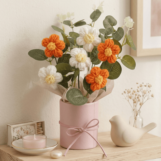 Dekorly Crochet Orange Daisy Bouquet 9 Inch with Pot | Handmade Knitted Flower Arrangement | Vibrant Artificial Floral Gift for Home Decor Birthday Anniversary Gift